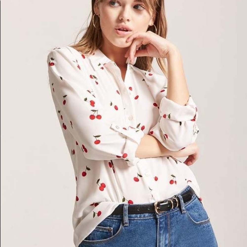 Cherry print button down shirt Forever 21 Large
